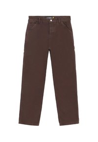 Pantaloni in cotone marroni con design a gamba dritta, due tasche anteriori e chiusura con zip. Presenta un'etichetta visibile in vita.