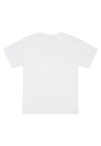 Weißes Baumwoll-T-Shirt mit kurzen Ärmeln und Rundhalsausschnitt. Der Rücken ist unbedruckt, hat eine glatte Textur und ein schlichtes Design.
