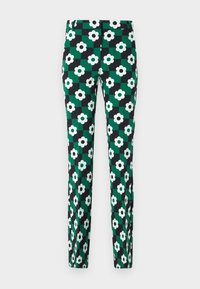 Zelené a černé kalhoty s vzorem v mřížce, s velkými bílými květinami a černým středem. Hladká tkanina a slim fit.