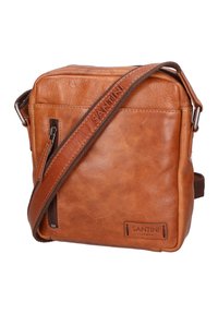 Borsa a tracolla in pelle marrone caratterizzata da una superficie liscia, una tasca frontale con zip e una tracolla regolabile con il nome del marchio impresso.