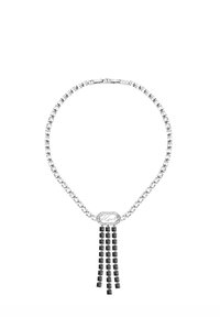Collier en argent composé d'une chaîne de cristaux carrés et d'un pendentif central orné d'un design de gland noir. Texture lisse et polie.