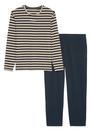 Gestreepte lange mouwen shirt in beige en marineblauw, gecombineerd met donker marineblauwe broek met elastische tailleband en trekkoord. Zachte katoenstof.