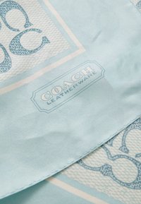 Jasnoniebieski jedwabny szalik z wzorowanym motywem i logo znanej marki, otoczony kontrastującą bordurą i wykończony przeszytym brzegiem.