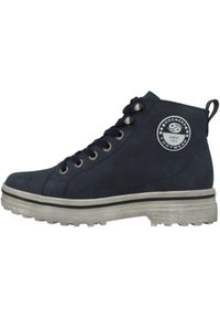 Marineblaues Wildlederknöchelboot mit runder Spitze, Schnürung vorne, Metallösen und Logopatch. Verfügt über eine dicke, strukturierte Gummisohle für besseren Halt.