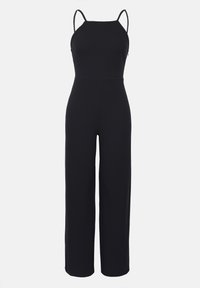 Schwarzer Jumpsuit mit dünnen Spaghettiträgern, tailliertem Oberteil und weitem Bein. Gefertigt aus glattem Stoff mit einem schlichten, einfarbigen Design.