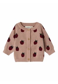 Rosa gestrickte Strickjacke mit Marienkäfermustern, runder Halsausschnitt, Knopfverschluss und gerippten Bündchen. Verfügt über Holzknöpfe.