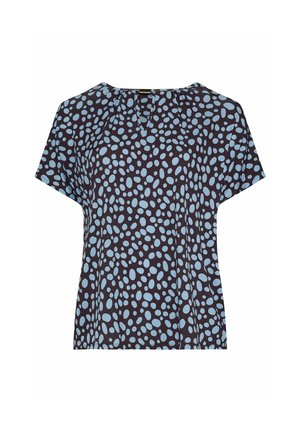 Kurzärmlige schwarze Bluse mit unregelmäßigen hellblauen Polka-Punkten und einem kleinen V-Ausschnitt am Ausschnitt.
