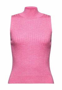 Vaaleanpunainen hihaton ribbiknitti toppi, jossa on korkea kaulus ja napakka vyötärö.