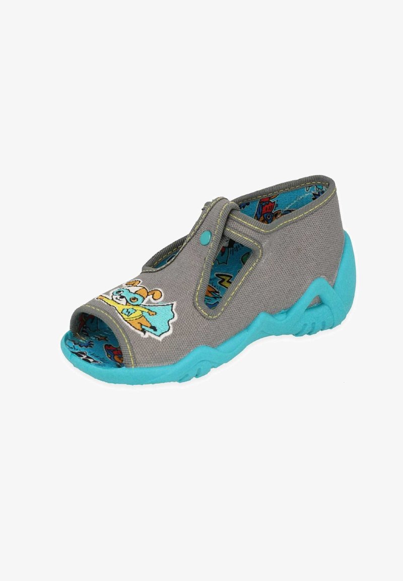 Szare płócienne buty z odkrytymi palcami i turkusową gumową podeszwą. Oferują grafię z kreskówką z przodu oraz kolorową, wzorzystą podszewkę.