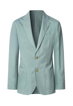 Lichtgroene katoenen blazer met een geknipte revers, twee voorzakken en een enkelvoudig ontwerp. Voorzien van gouden knopen.