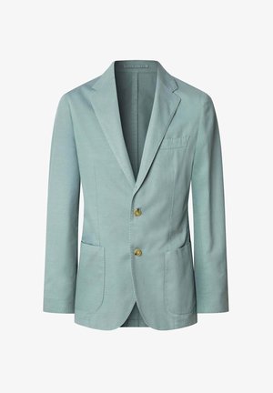 Blazer in cotone verde chiaro con rever a punta, due tasche frontali e design monopetto. Presenta bottoni dorati.