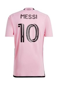Rosa Fußballtrikot mit "MESSI" und der Nummer "10" in Schwarz, mit MLS-Logos und dem Schriftzug "Freedom to Dream" am Kragen.
