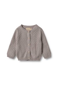 Hellgrauer Strickcardigan mit einem strukturierten Muster. Verfügt über lange Ärmel, gerippte Bündchen und Holzknöpfe vorne.