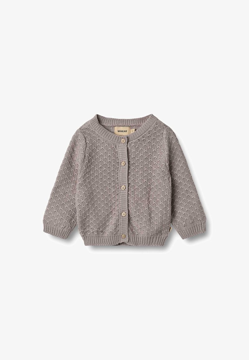Hellgrauer Strickcardigan mit einem strukturierten Muster. Verfügt über lange Ärmel, gerippte Bündchen und Holzknöpfe vorne.