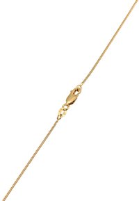 Guld kæde med et slank, glat design, udstyret med en lobster clasp og stemplet med kvalitetsmærker for ægthed.
