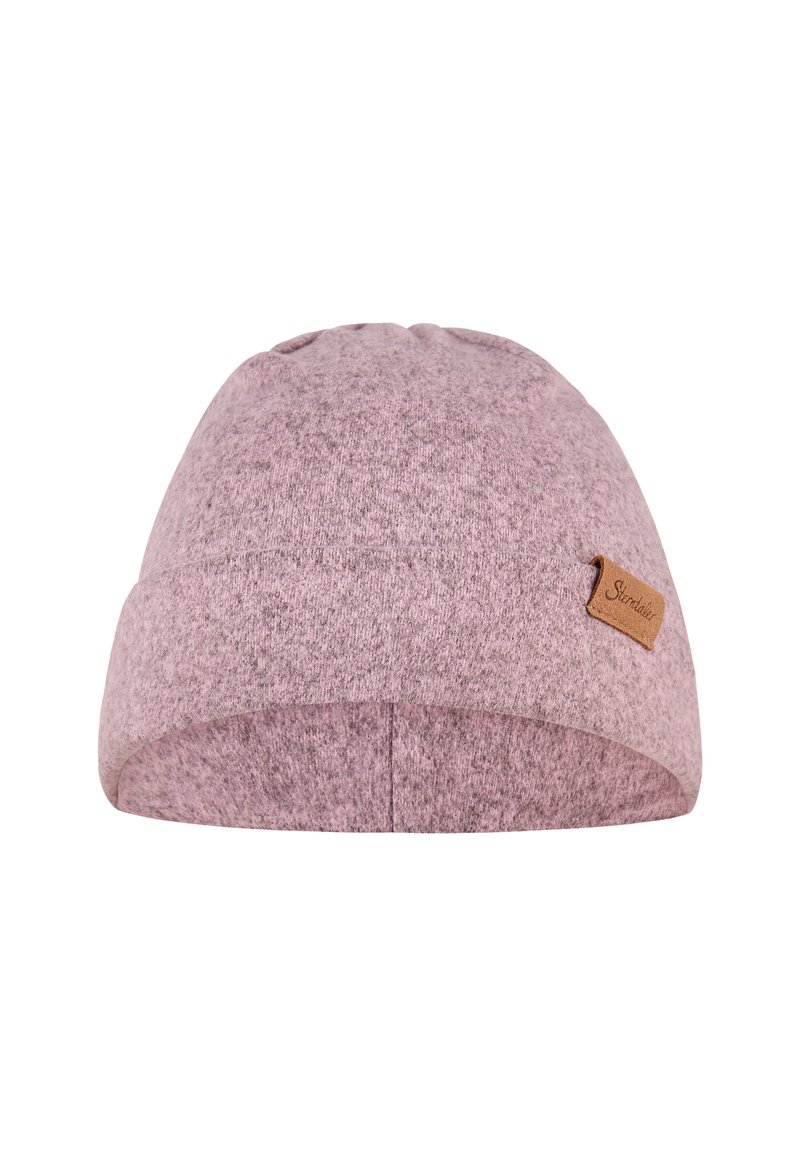 Pink knit beanie made from soft, textured fabric. Features a folded cuff and a tan leather label on the side. Rounded top design.