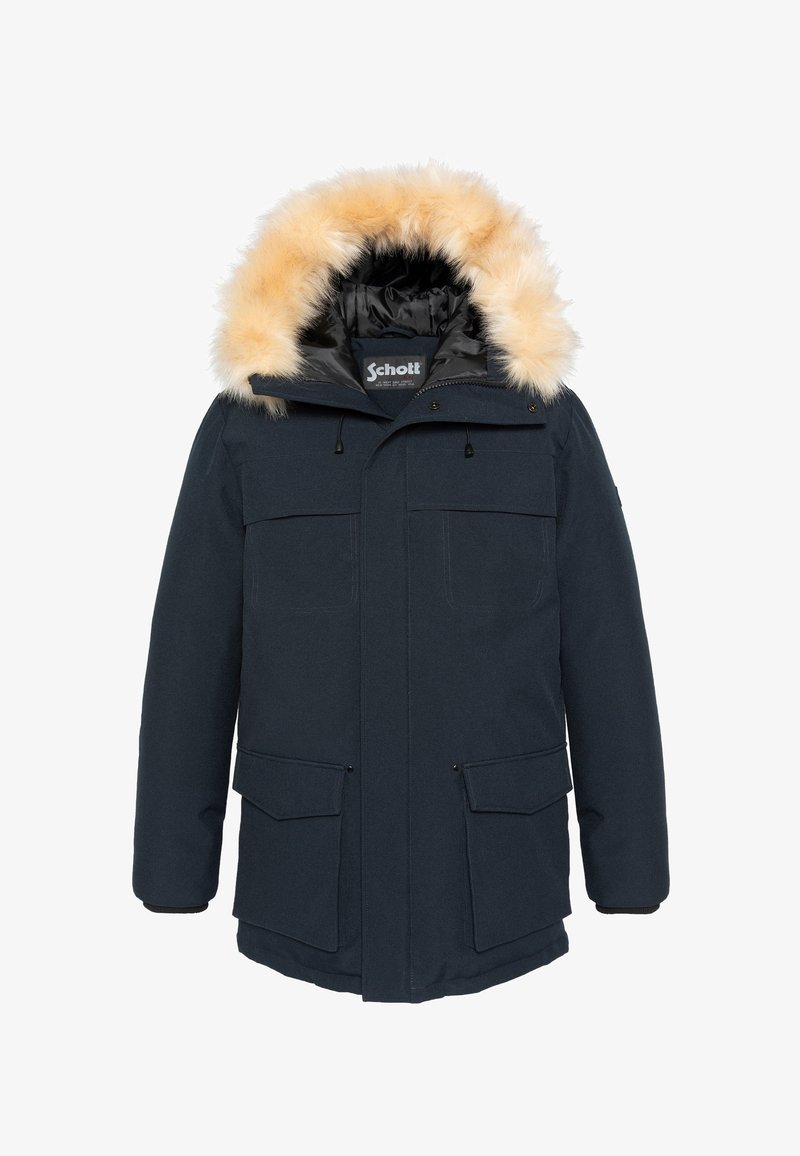 Marineblauwe parka met capuchon van nepbont, ritssluiting, twee zakken aan de voorkant en elastische manchetten. Zachte textuur met een gladde voering aan de binnenkant.