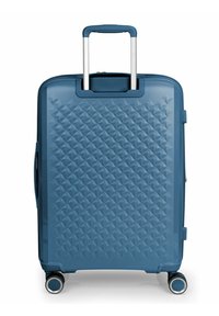 Hartschalenkoffer in Blau, mit einem strukturierten Diamantmuster, ausziehbarem Griff und vier schwenkbaren Rollen für einfache Manövrierbarkeit.
