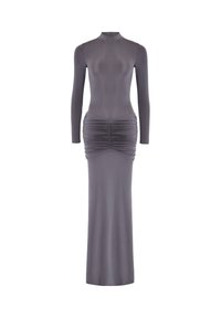 Vestido de manga larga color gris carbón con cuello alto y detalle de fruncido recogido en las caderas, silueta ajustada que se extiende hasta la longitud del tobillo.