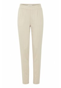 Béžové kalhoty na míru s vertikálními bílými pruhy, slim fit, vysoký pas a jemná textilie. Záhyby v přední části.