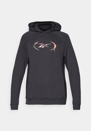 Sweatshirt gris foncé avec capuche, manches raglan et un logo graphique brillant et multicolore sur le devant central. Texture de tissu douce.