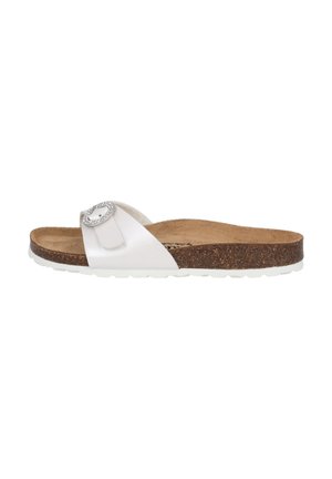 White slip-on sandal with a glossy leather strap, featuring a decorative silver buckle and a cork footbed with a textured brown sole.