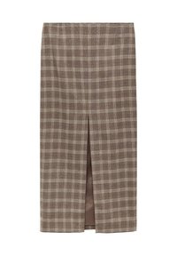 Jupe mi-longue à carreaux marron avec une fente à l'avant, présentant un motif à carreaux et une texture lisse, principalement dans des tons earthy.