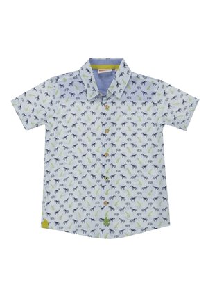 Vaaleansinisestä puuvillasta valmistettu lyhythihainen napillinen paita, jossa on leikkisä eläinkuosi vihreänä ja tummansinisenä, ruskeilla nappeilla ja kauluksella.