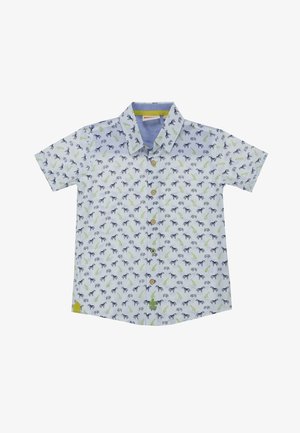 Korte mouwen overhemd in lichtblauw katoen met een speelse dierenprint in groen en donkerblauw, voorzien van bruine knopen en een kraag.