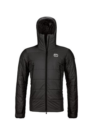 Black puffer jacket with a hood, featuring a front zipper, two side pockets, and a quilted design for insulation. Logo on upper left chest.