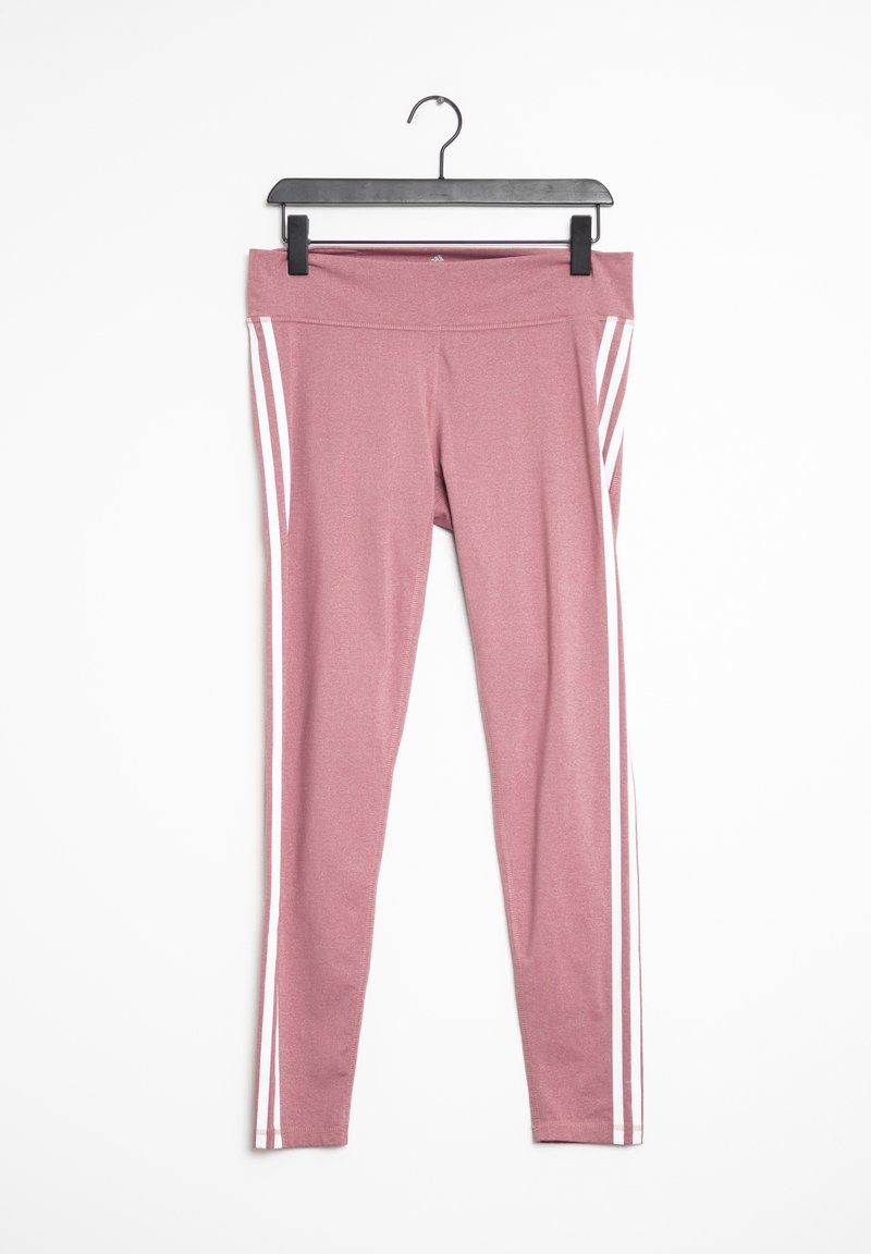Högmidjade, rosa leggings med en slät yta, som har tre vita ränder på varje sida och en hängande krok för upphängning.