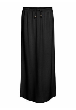 Sort maxinederdragt med snor i taljen og to træknapper, der har et glat, let stof og et simpelt, lige design.