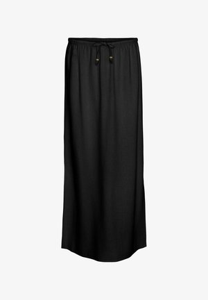 Sort maxinederdragt med snor i taljen og to træknapper, der har et glat, let stof og et simpelt, lige design.