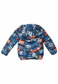 Giubbotto imbottito con sfondo blu che presenta motivi di veicoli colorati. Include un cappuccio e polsini elasticizzati per una vestibilità confortevole e calore.