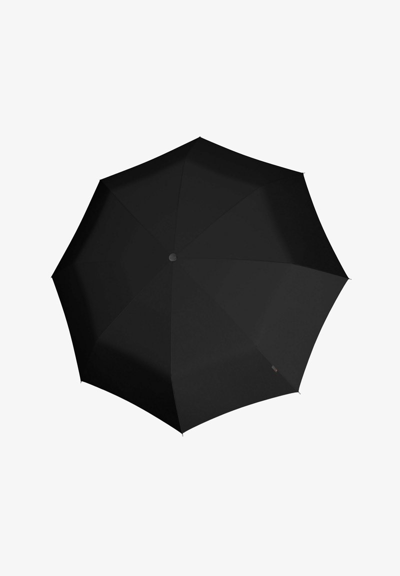 Zwarte paraplu met een gladde, matte afwerking, voorzien van acht panelen en een ronde top. Lichtgewicht ontwerp geschikt voor bescherming tegen de regen.