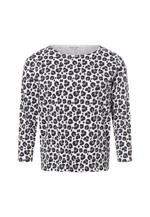 Leopard print long-sleeve top in white, featuring black and brown spots, round neckline, and a relaxed fit. Soft cotton material.