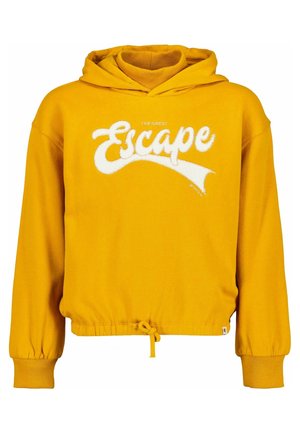 Sweat à capuche jaune avec ourlet avant à cordon et texte blanc "The Great Escape" sur la poitrine.