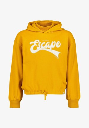 Felpa gialla con cappuccio, coulisse anteriore e testo bianco "The Great Escape" sul petto.