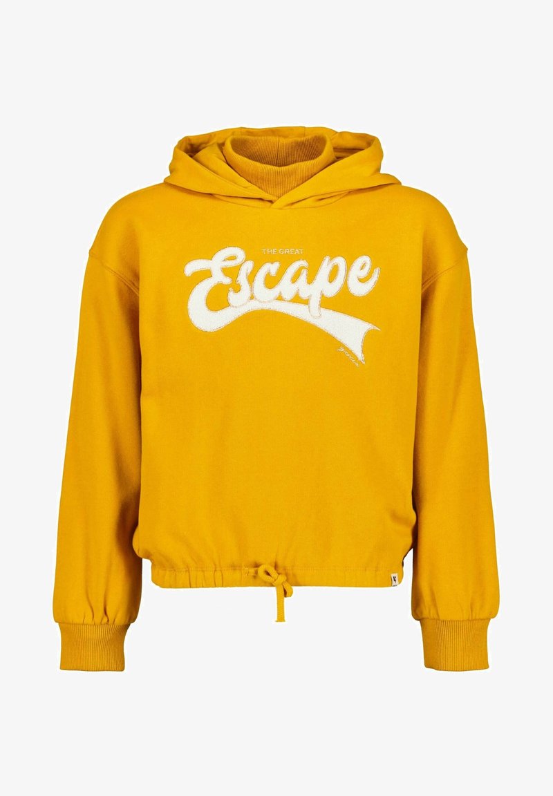 Sweat à capuche jaune avec ourlet avant à cordon et texte blanc "The Great Escape" sur la poitrine.