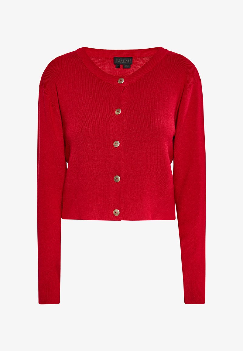 Červený pletený kardigan s dlouhými rukávy, kulatým výstřihem a zapínáním na pět knoflíků s mosaznými knoflíky.