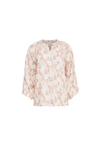 Lightweight, patterned blouse in off-white with coral and gray geometric designs. Features a half-button placket and 3/4 length sleeves.