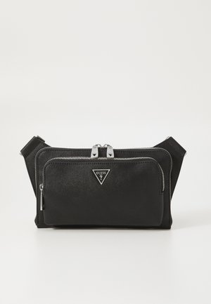 Geantă sintetică neagră cu două compartimente cu fermoar, accesorii din metal argintiu și un accent în formă de triunghi. Exterior texturat și curea ajustabilă.