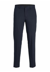 Granatowe, dopasowane spodnie wykonane z gładkiego materiału, z zapięciem na guzik, płaskim przodem i wyprasowanymi kantami dla eleganckiego wyglądu.