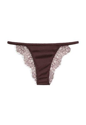 Mørkebrun tanga med blomsterblondekant på siderne, med smal taljebånd og glat stof foran.