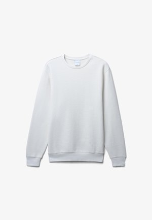 Weißes Langarm-Sweatshirt aus strukturiertem Stoff mit gerippten Bündchen und Saum, ausgestattet mit einem Rundhalsausschnitt und minimalistischem Design.
