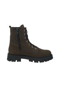 Dunkelbraune Schnür-Ankle-Boots mit seitlichem Reißverschluss und dicker schwarzer Profilsohle, entworfen für robuste Outdoor- oder Freizeitbekleidung.