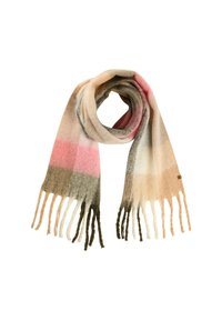 Miękki wełniany szalik z poziomymi paskami w kolorze różowym, beżowym, szarym i białym, z frędzlami na końcach i małą brązową metką.