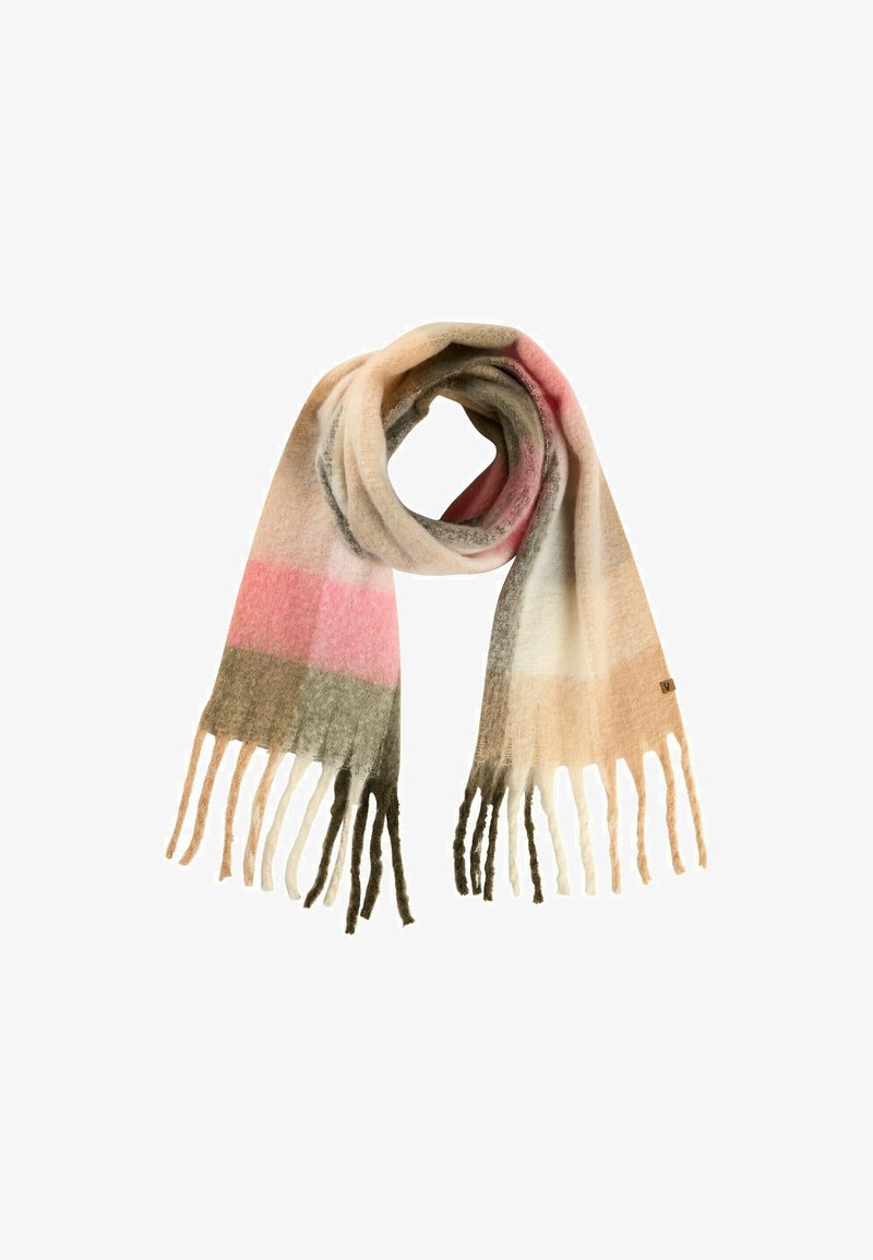Miękki wełniany szalik z poziomymi paskami w kolorze różowym, beżowym, szarym i białym, z frędzlami na końcach i małą brązową metką.