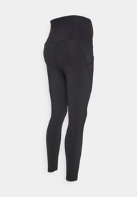 Svarta högmidjade leggings i stretchigt material, med en smidig textur, en figurnära design och en sidsficka för bekvämlighet.