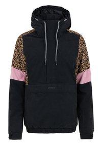 Schwarze Pulloverjacke mit einem Leopardenmuster auf dem linken Ärmel, pinken Akzenten auf der rechten Seite, verstellbare Kapuze, elastischem Saum und vorderer Tasche.
